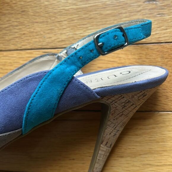 Guess Suede Multicolor Blue Gray Purple  Slingback Cork Heel Shoes  Sandals  8.5 - Picture 9 of 12